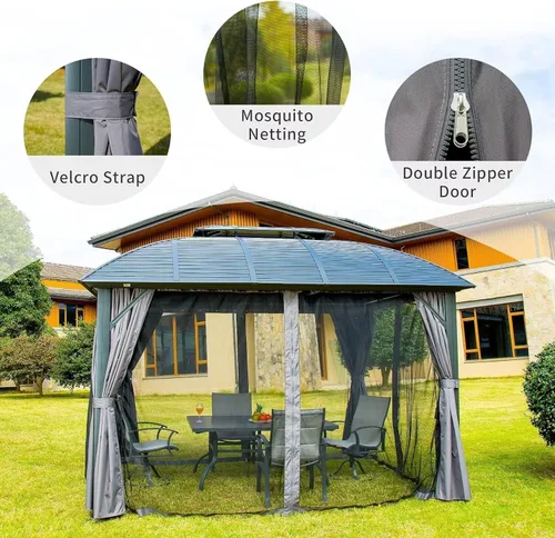 Miniatura 3 de Domi Cenador de Techo Rígido de 10'x12' con Toldo Arqueado, Cenador de Aluminio para Exteriores con Doble Techo de Acero Galvanizado, Cortina y Red