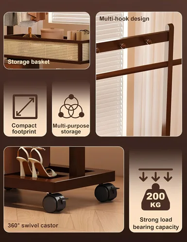 Miniatura 5 de Perchero con estantes, resistente con cesta de almacenamiento, estantes de ropa rodantes de bambú para espacios pequeños, dormitorio, entrada