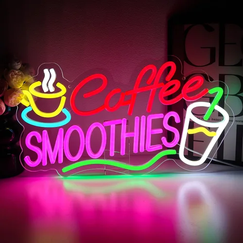 Letrero de Neón de Café y Batidos para Decoración de Pared, Letreros LED de Batidos para Negocios, Luces de Neón USB Regulables de 16.54" x 9" para
