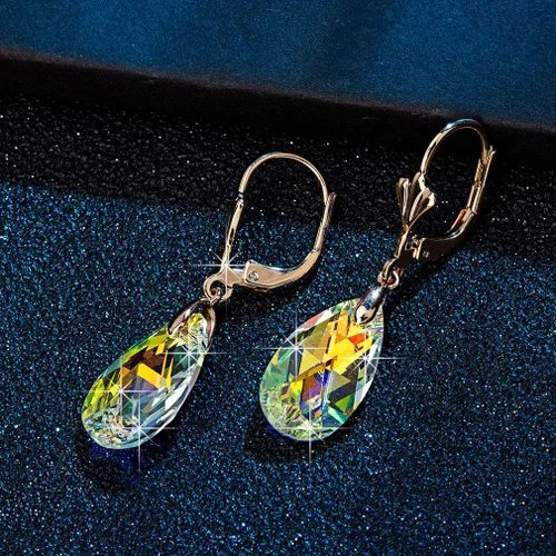 Miniatura 5 de Aretes con dijes con forma de lágrima de cristal austriaco, para mujer, cierre catalán, chapados en oro de 14quilates joyas hipoalergénicas