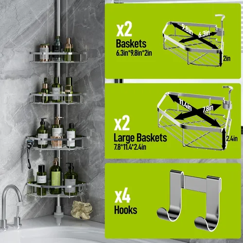 Miniatura 5 de LAMU Bastón de tensión de esquina para ducha, organizador de ducha de acero inoxidable, resorte fuerte, 5 almohadillas adhesivas, base de rejilla