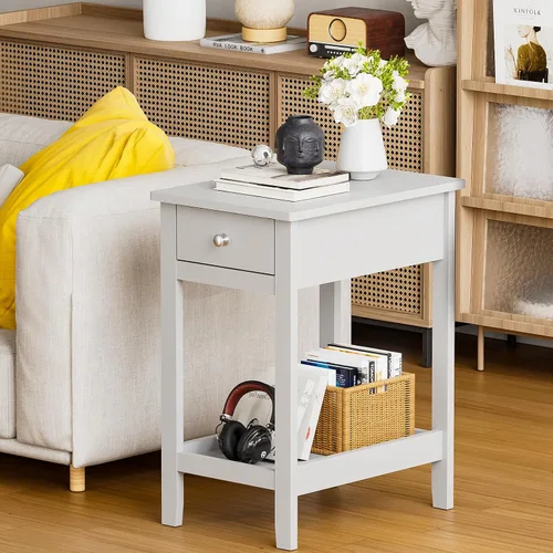 SEJOV Mesa auxiliar estrecha, pequeña mesa auxiliar blanca con cajón y estante de almacenamiento, mesita de noche de madera para sala de estar,