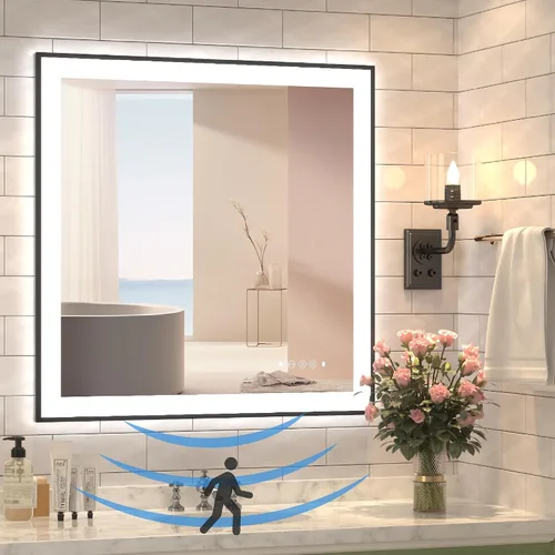 Miniatura 10 de Espejo de baño LED de 20 x 28 pulgadas con luces, espejos iluminados delanteros y traseros para montaje en pared de baño, decoración de marco negro