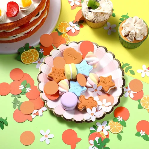 Miniatura 3 de 300 piezas de confeti Little Cutie Baby Shower Confeti cítricos, papel redondo naranja mandarina flor blanca verde eucalipto disperso para baby