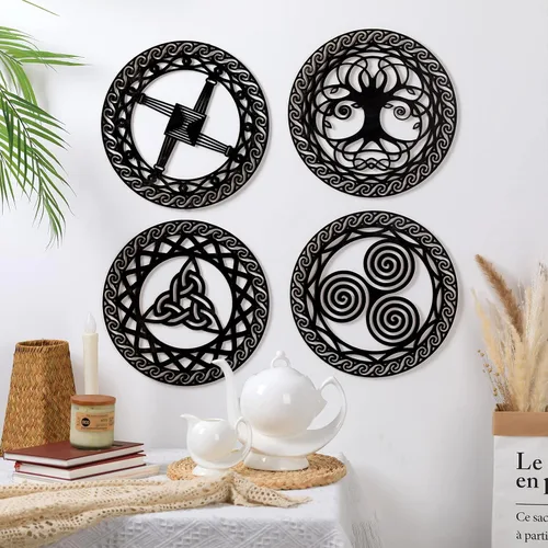 Miniatura 7 de Peryiter Decoración de pared de símbolo celta, 4 piezas de nudo de cruz celta, símbolo de triple espiral, letrero de madera, arte de pared sagrado