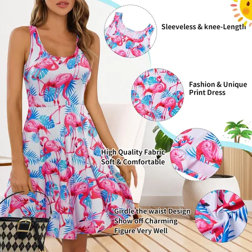 Miniatura 88 de uideazone - Vestido de mujer sin mangas cuello redondo de verano, para playa, casual, Midi línea A.