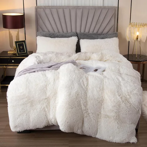 EMME Juego de funda de edredón de felpa lanudo de color blanco, tamaño Queen, 3 piezas, juego de ropa de cama de invierno suave y esponjoso de pelo