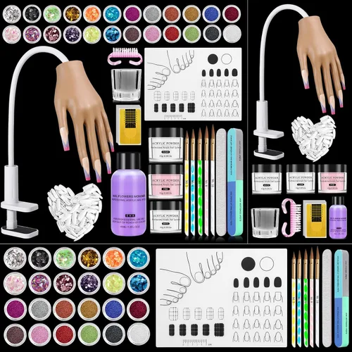 Mano de práctica para uñas acrílicas Kit: Mano de silicona para práctica de uñas con kit de uñas para principiantes - Mano falsa flexible de