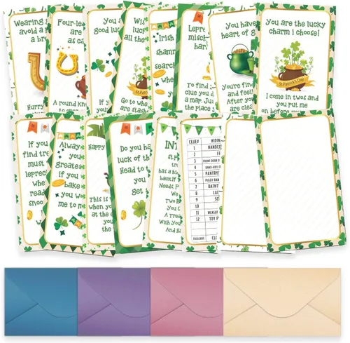 shupai Pistas de búsqueda del tesoro del día de San Patricio (15 cartas con sobres), juegos de fiesta del día de San Patricio (XBK004E)