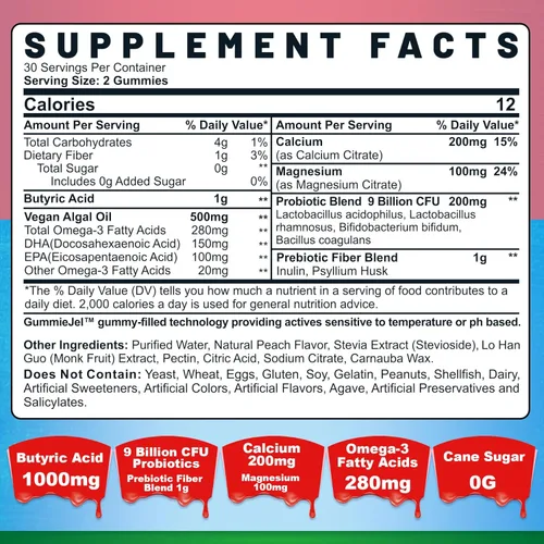 Miniatura 2 de Gomitas de butirato con probiótico + prebiótico + postbiótico, omega-3 500 mg, 9 mil millones de probióticos UFC con fibra, calcio y magnesio