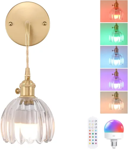 Miniatura 24 de Shenmoyl Candelabro de Pared Operado por Batería con Soporte de Cadena Ajustable, Patrón de Tulipán Verde, Vidrio con Diseño Retro en Oro, Lámpara