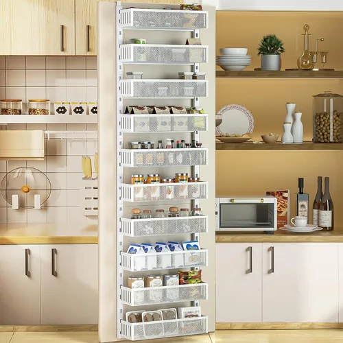 Miniatura 8 de Organizador de despensa de 10 niveles sobre la puerta con cestas de malla, estante colgante para especias ajustable y estable para cocina, baño