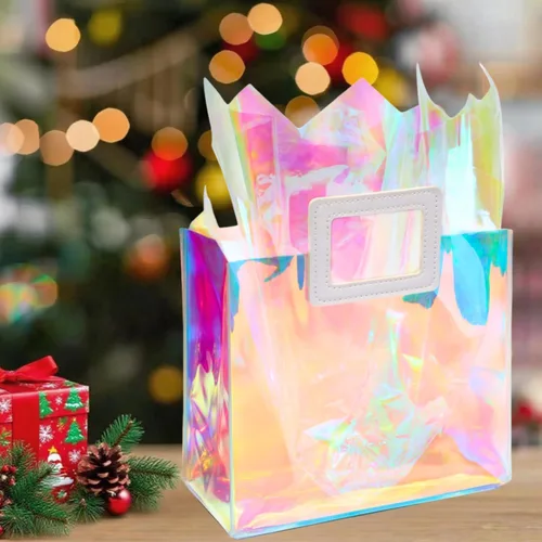 Miniatura 7 de Bolsa de regalo holográfica mediana con papel de seda, reutilizable, bolsa de regalo de cumpleaños para mujeres y niñas, iridiscente, despedida de M