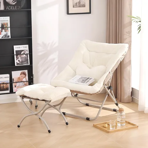 Miniatura 7 de Silla Platillo con Otomán, Cómoda Silla Plegable de Gran Tamaño, Silla de Lectura de Piel Sintética para Adultos, Silla Perezosa Plegable de Acento