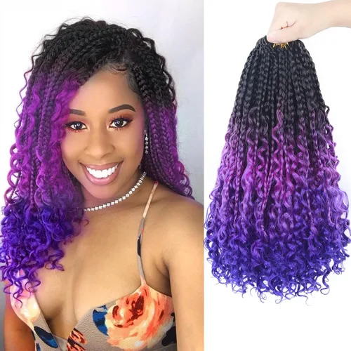 Miniatura 27 de Goddess Box Braids - Trenzas de cabello a ganchillo con extremos rizados, trenzas de caja bohemianas de 16 pulgadas, trenzas de ganchillo, 8 1B-4-30