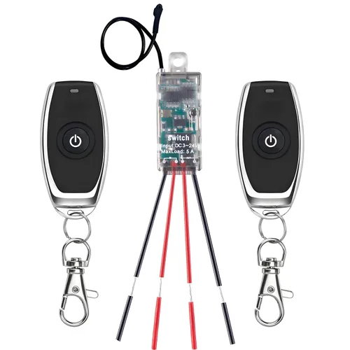 Miniatura 8 de Interruptor de control remoto de 12 V, mini interruptores inalámbricos de 2 vías, relé CC de 12 V/24 V/48 V/10 A con alcance largo de 328 pies