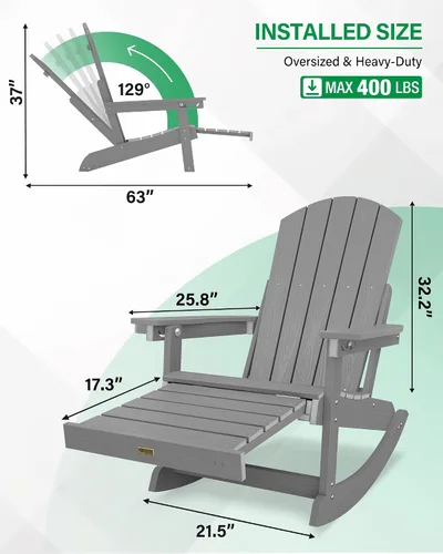 Miniatura 2 de YEFU Sillas Adirondack con otomana retráctil: sillas mecedoras Adirondack de gran tamaño, respaldo alto ajustable de 5 niveles, balancín para Gris