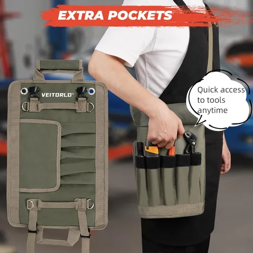 Miniatura 5 de Veitorld - Bolsa enrollable de herramientas resistente con compartimentos desmontables, organizador portátil para electricistas, carpinteros