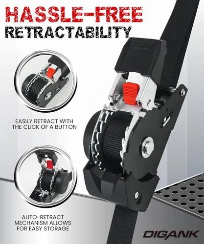 Miniatura 4 de Correas de trinquete retráctiles de 1 pulgada x 6 pies, resistencia a la rotura de 1600 libras, paquete de 4 amarres autoretráctiles con ganchos