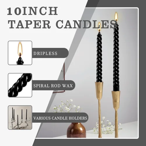 Miniatura 7 de WPONSZU Juego de velas cónicas en espiral negras de 10 pulgadas, paquete de 12 velas sin perfume sin goteo para Halloween, cena, fiesta, cumpleaños