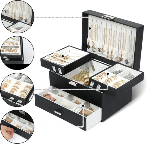 Miniatura 2 de Dajasan Cajas de joyería para mujeres y niñas, caja organizadora de joyas, 3 capas, organizador de almacenamiento de joyas para aretes, anillos