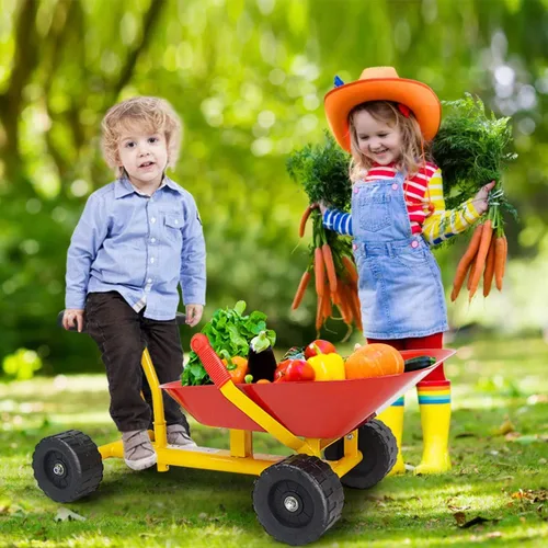Miniatura 4 de Costzon - Carretilla de arena para niños, juguete de caja de arena para exteriores con mango ergonómico y 4 ruedas, herramienta de juego de jardín