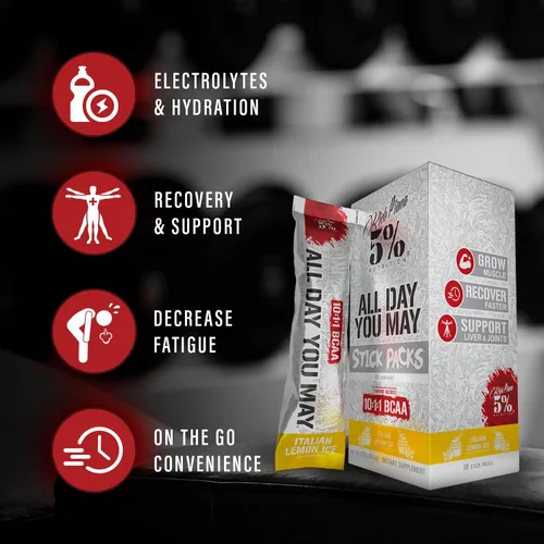 Miniatura 3 de 5% Nutrition Rich Piana AllDayYouMay BCAA Powder 9g de aminoácidos premium intra y post entrenamiento para hidratación, resistencia, recuperación