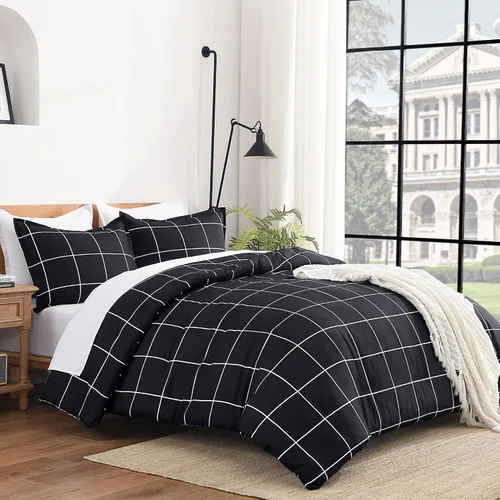 Miniatura 2 de Andency Edredón a cuadros tamaño individual (66 x 90 pulgadas), juego de cama a cuadros negros y blancos para adolescentes y niños, ropa de cama