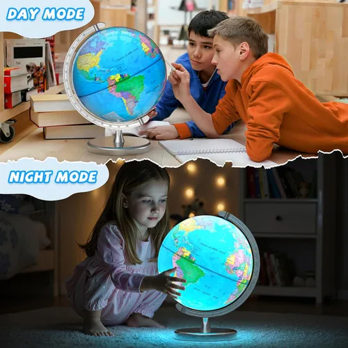 Miniatura 10 de Globo del mundo iluminado de 12 pulgadas para niños y adultos, lámpara de globo con mapa del mundo para niños, base estable de metal pesado, regalo