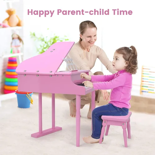 Miniatura 9 de Costzon Piano clásico para niños, piano de cola de madera de 30 teclas con soporte de música y banco, mini juguete musical para niños, ideal