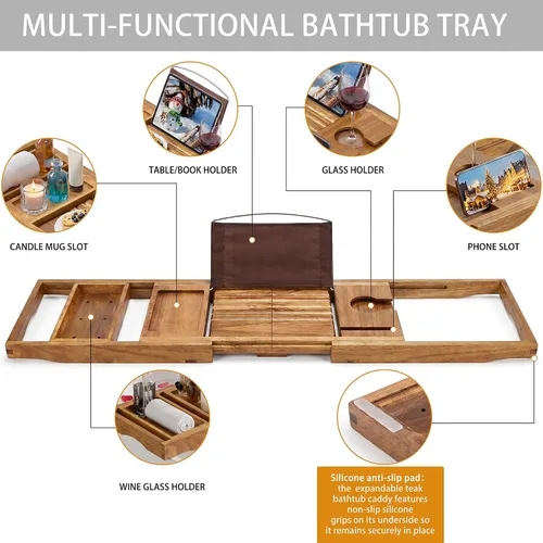Miniatura 6 de Bandeja de bañera de madera de acacia, bandeja de baño plegable para bañera, bandejas de mesa de baño expandibles, accesorios de bañera y baño