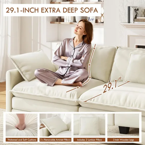 Miniatura 4 de WorthFurni Sofá de nube en forma de L de 77 pulgadas, sofá modular con otomana, cómodo sofá biplaza de felpilla con almohada para sala de estar