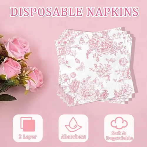 Miniatura 6 de Juego de 250 platos y servilletas florales rosas, 50 invitados, juego de vajilla desechable festoneada rosa y blanco, platos de papel vintage