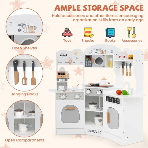 Miniatura 7 de HONEY JOY Cocina de Esquina de Juguete, Juego de Cocina de Madera para Niños Pequeños con Luces, Cafetera, Microondas, Fregadero, Grifo, Juego