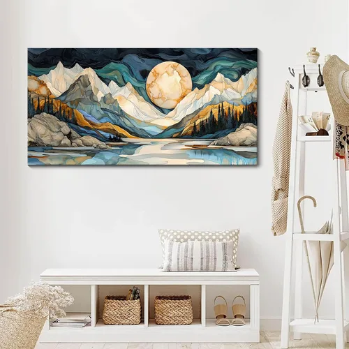 Miniatura 4 de JEAWA Arte de Pared en Lienzo Grande - Pintura Abstracta de 24x48 Pulgadas en Tela, Imágenes Texturizadas de Montañas como Regalos para Amigos