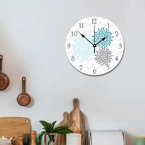 Miniatura 6 de ArogGeld Reloj de pared de madera gris aguamarina verde azulado, reloj de pared de flores de dalia, reloj de pared silencioso sin tictac, funciona