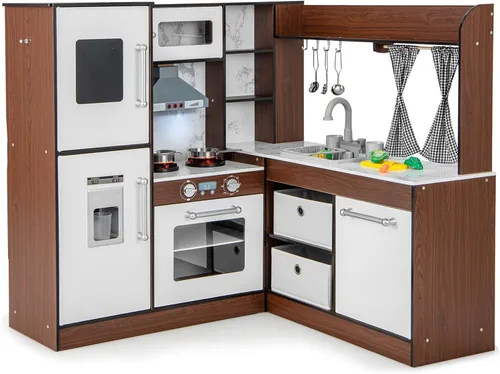 Miniatura 11 de Costzon Cocina de Esquina de Juguete con Luces, Sonidos, Gran Juego de Cocina de Pretensión con Pizarra, Microondas, Accesorios de Cocina, Juguete
