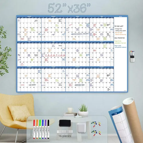 Miniatura 8 de Calendario de pared de borrado en seco, 38 x 26 pulgadas, calendario anual sin fecha en blanco, planificador laminado de alta calidad, calendario