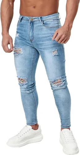 Miniatura 2 de HUNGSON Pantalones de mezclilla ajustados rasgados para hombre
