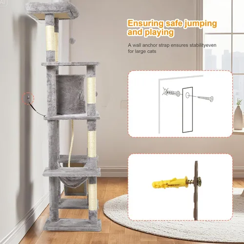 Miniatura 8 de Árbol grande para gatos, torre para gatos de varios niveles de 65 pulgadas de alto con postes rascadores cubiertos de sisal, condominio, hamaca