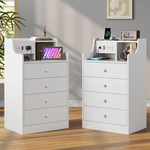 Miniatura 12 de ADORNEVE Mesita de noche grande con estación de carga, mesita de noche negra para dormitorio, mesa auxiliar alta con aparador y 4 cajones, mesa