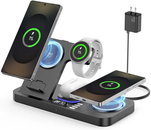 Cargador inalámbrico magnético para Samsung, 6 en 1 para estación de carga Samsung, teléfono dual de 30 W con interruptor automático de luz y reloj