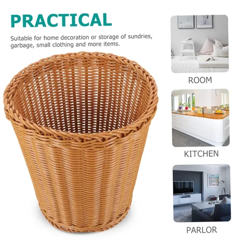 Miniatura 2 de Elegante cubo de basura tejido natural tapa de cesta de gran capacidad para sala de estar estudio