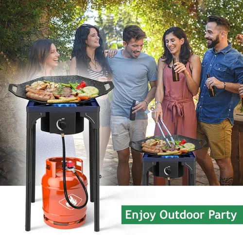 Miniatura 3 de Outvita Estufa de camping de gas portátil de 75,000 BTU, quemador de propano para exteriores con regulador de 20 psi, cocinilla individual de alta