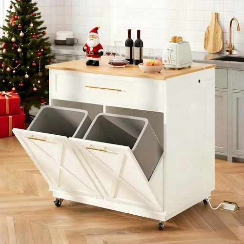 Miniatura 3 de DWVO Rolling Kitchen Island with Double Tilt Out 10 Gallon Trash Can Cabinet Power Outlet