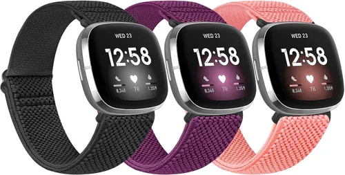 Miniatura 17 de Paquete de 3 correas elásticas de nailon compatibles con Fitbit Versa 4/Versa 3/Sense 2/Sense, suave, ajustable, transpirable, correas de repuesto