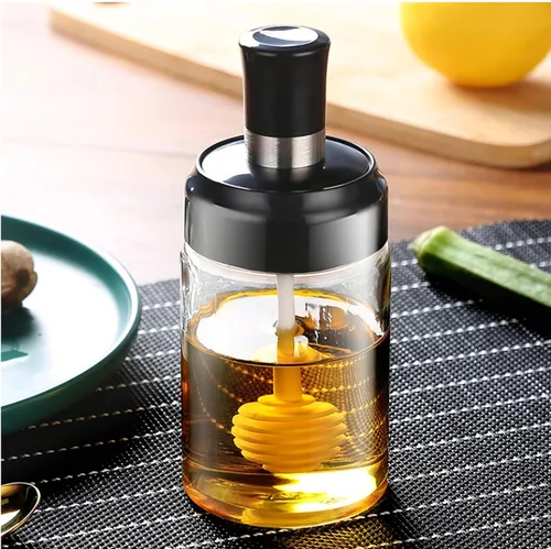 Miniatura 5 de MIUPOO Tarro de miel con cubierta de cuchara, diseño ondulado antideslizante botella de miel de vidrio, transparente de contenedor de miel, olla