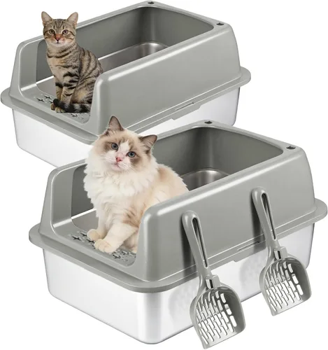 Miniatura 9 de Kirecoo Paquete de 2 cajas de arena de acero inoxidable con tapa, caja de arena de metal cerrado mediano para gatos, bandeja de arena antifugas