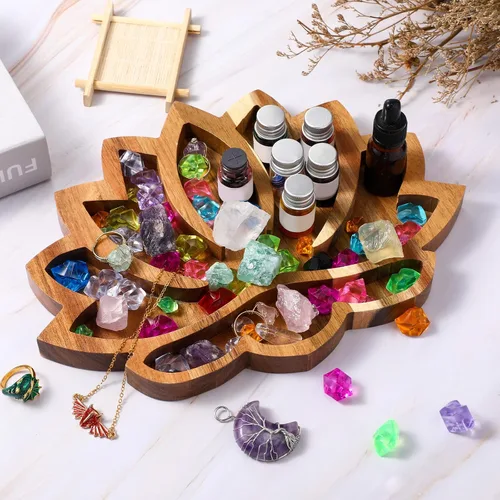 Miniatura 4 de Vesici Bandeja de cristal de loto para piedras, cristales y piedras curativas, bandeja de almacenamiento de cristal de madera con forma de loto