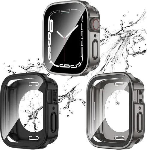 Miniatura 10 de 2 Pack 2 en 1 Funda impermeable para Apple Watch Series 8 7 de 41 mm, Parachoques frontal y trasero de PC de borde recto con protector de pantalla